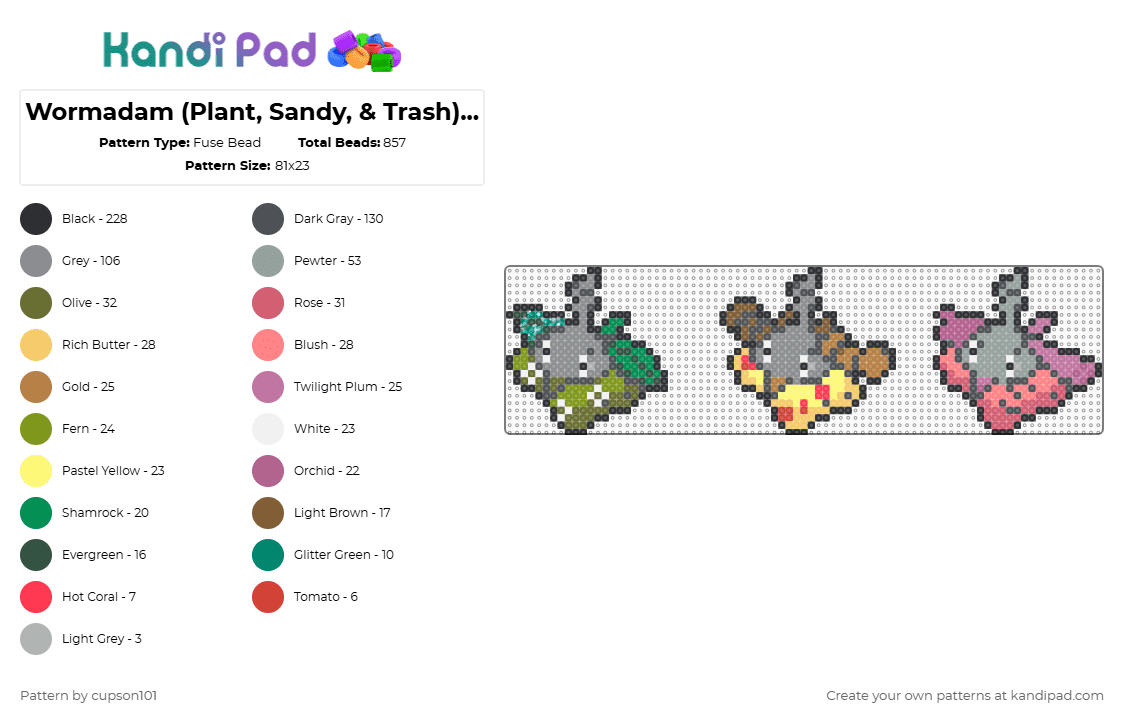 Wormadam (Plant, Sandy, & Trash)Box Sprites - Fuse Bead Pattern by cupson101 on Kandi Pad - gray,red