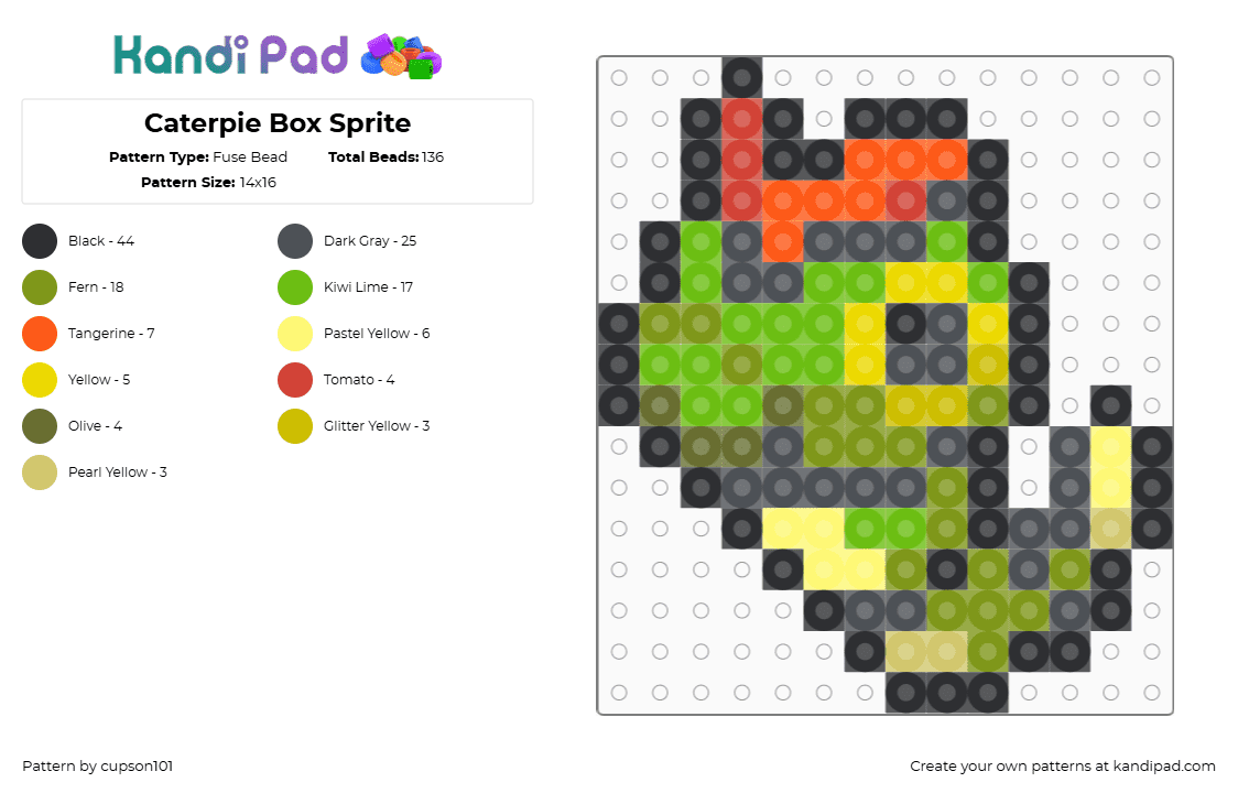 Caterpie Box Sprite - Fuse Bead Pattern by cupson101 on Kandi Pad - gray,yellow,green,gold