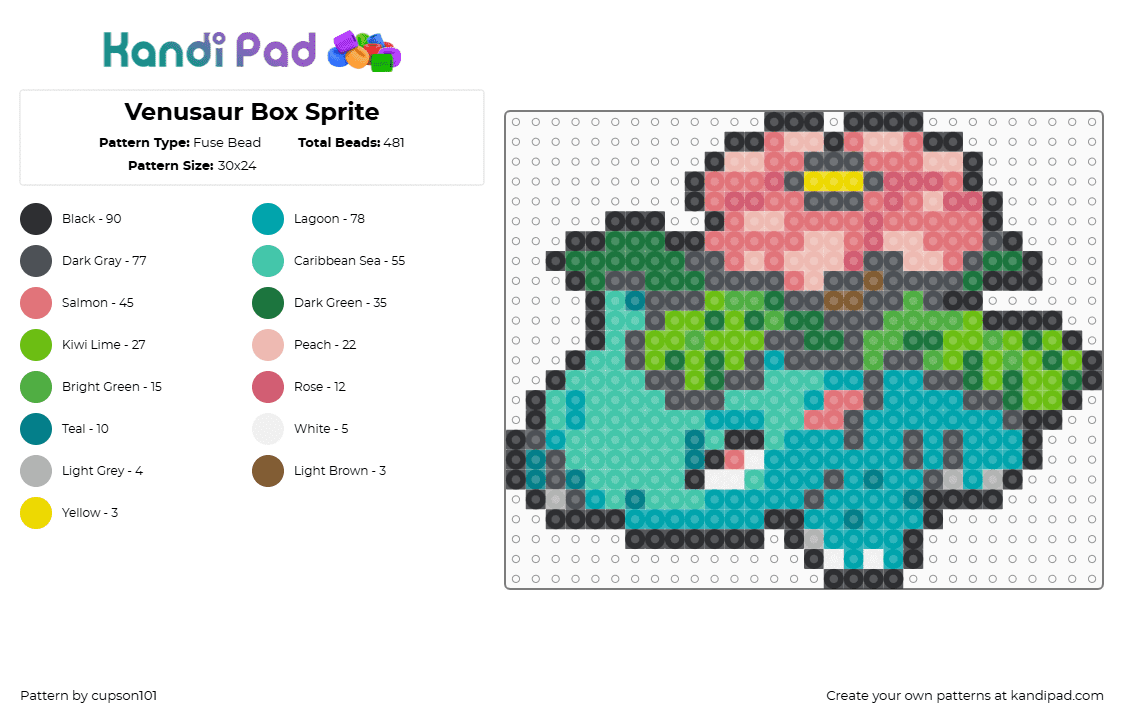 Venusaur Box Sprite - Fuse Bead Pattern by cupson101 on Kandi Pad - gray,red,teal,green