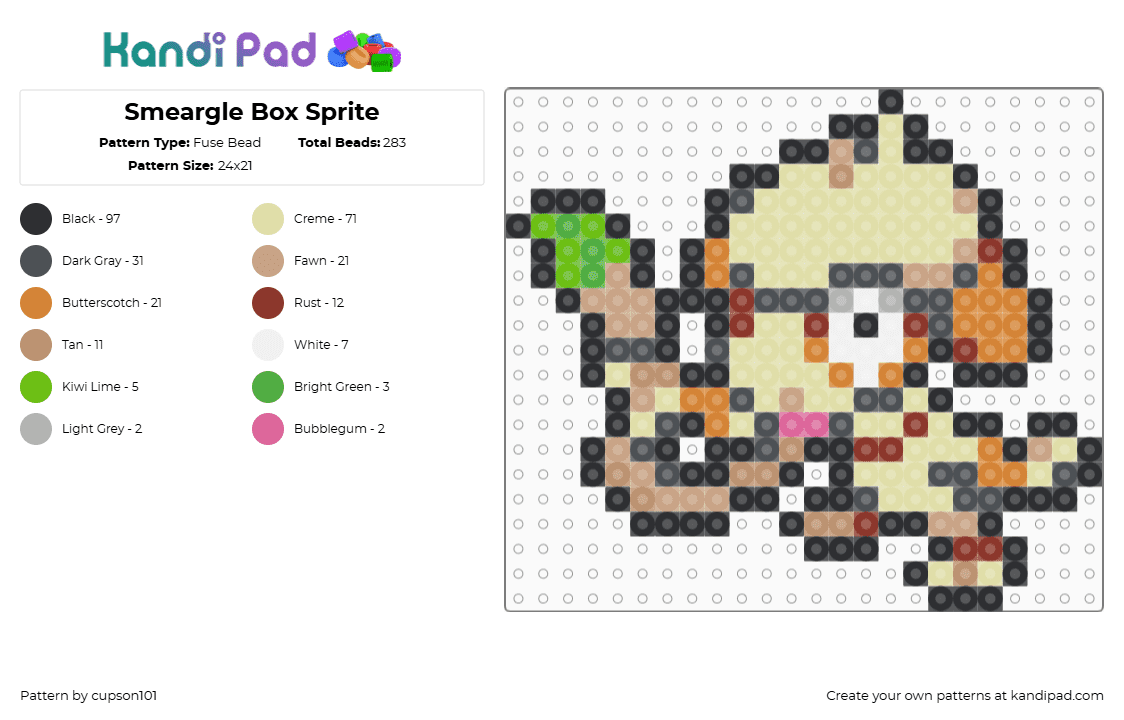 Smeargle Box Sprite - Fuse Bead Pattern by cupson101 on Kandi Pad - gray,beige,yellow