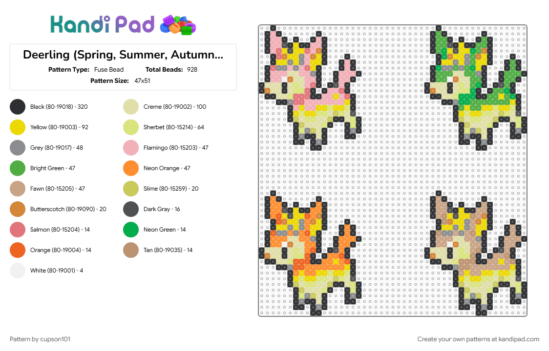 Deerling (Spring, Summer, Autumn, & Winter Form) Box Sprites - Fuse Bead Pattern by cupson101 on Kandi Pad - beige, green, yellow
