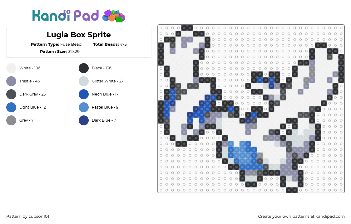 Lugia Box Sprite - Fuse Bead Pattern by cupson101 on Kandi Pad - white,gray