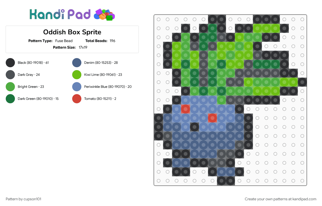 Oddish Box Sprite - Fuse Bead Pattern by cupson101 on Kandi Pad - blue, green