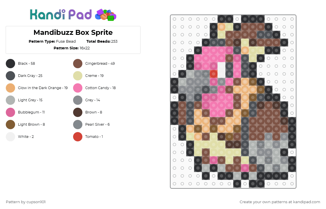 Mandibuzz Box Sprite - Fuse Bead Pattern by cupson101 on Kandi Pad - gray,pink,tan