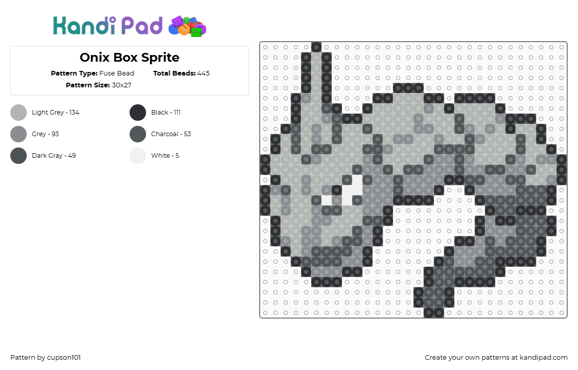 Onix Box Sprite - Fuse Bead Pattern by cupson101 on Kandi Pad - onix,pokemon,gaming,character,gray