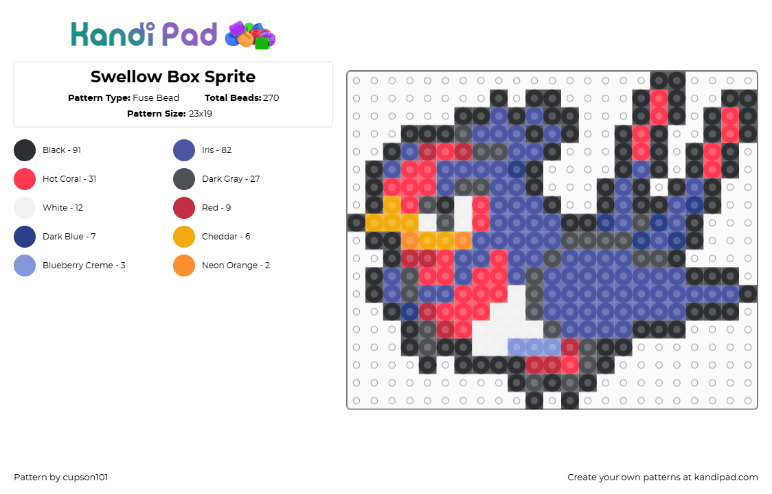 Swellow Box Sprite - Fuse Bead Pattern by cupson101 on Kandi Pad - gray,red,purple