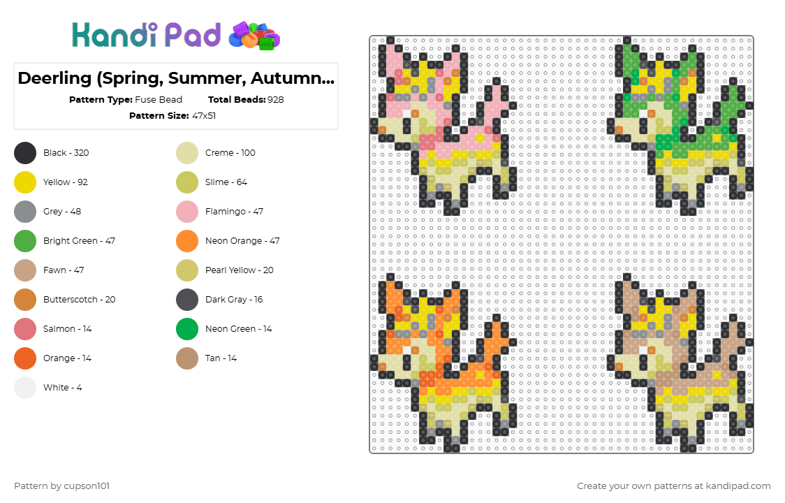 Deerling (Spring, Summer, Autumn, & Winter Form) Box Sprites - Fuse Bead Pattern by cupson101 on Kandi Pad - yellow,green,beige
