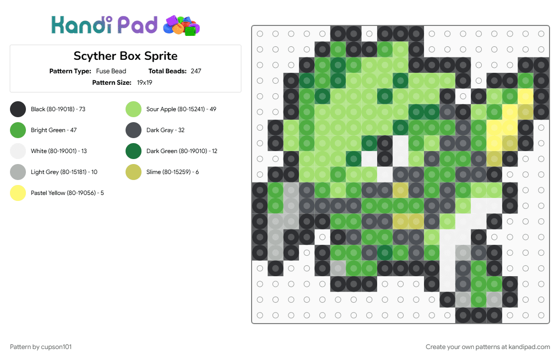 Scyther Box Sprite - Fuse Bead Pattern by cupson101 on Kandi Pad - green, pokemon, scyther