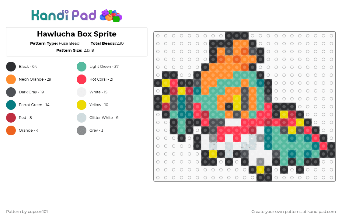 Hawlucha Box Sprite - Fuse Bead Pattern by cupson101 on Kandi Pad - orange,red,teal