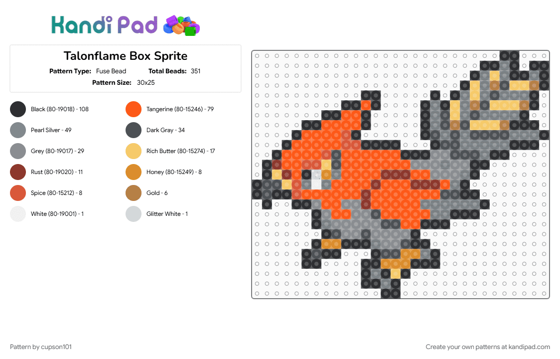 Talonflame Box Sprite - Fuse Bead Pattern by cupson101 on Kandi Pad - gray, orange