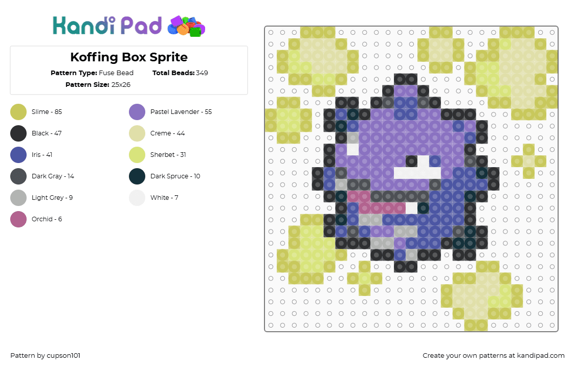 Koffing Box Sprite - Fuse Bead Pattern by cupson101 on Kandi Pad - koffing,pokemon,gaming,character,purple,yellow