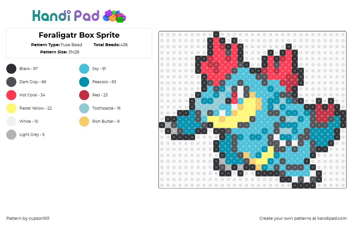 Feraligatr Box Sprite - Fuse Bead Pattern by cupson101 on Kandi Pad - gray,red,teal,light blue