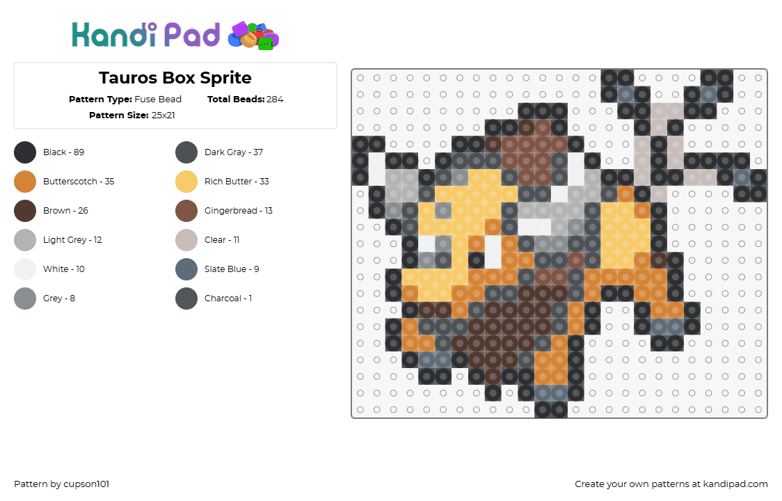 Tauros Box Sprite - Fuse Bead Pattern by cupson101 on Kandi Pad - tauros,pokemon,evolution,squirtle,character,gaming,brown,tan