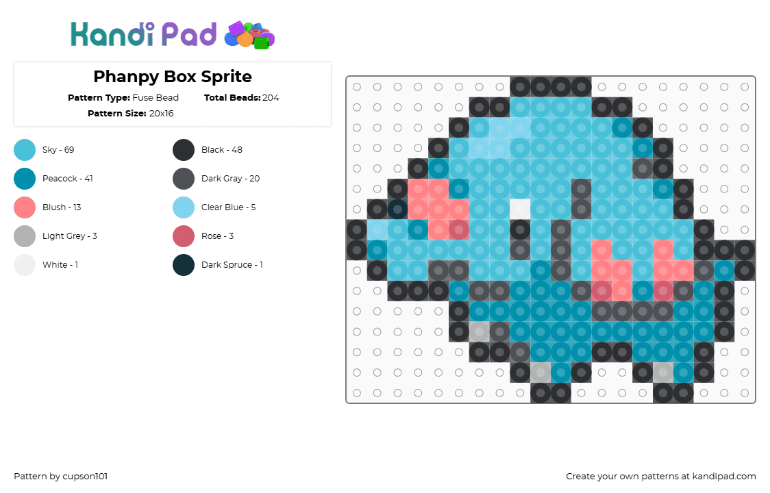Phanpy Box Sprite - Fuse Bead Pattern by cupson101 on Kandi Pad - teal,light blue