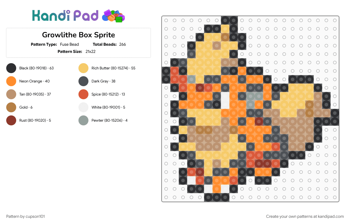 Growlithe Box Sprite - Fuse Bead Pattern by cupson101 on Kandi Pad - beige, gray, orange, yellow