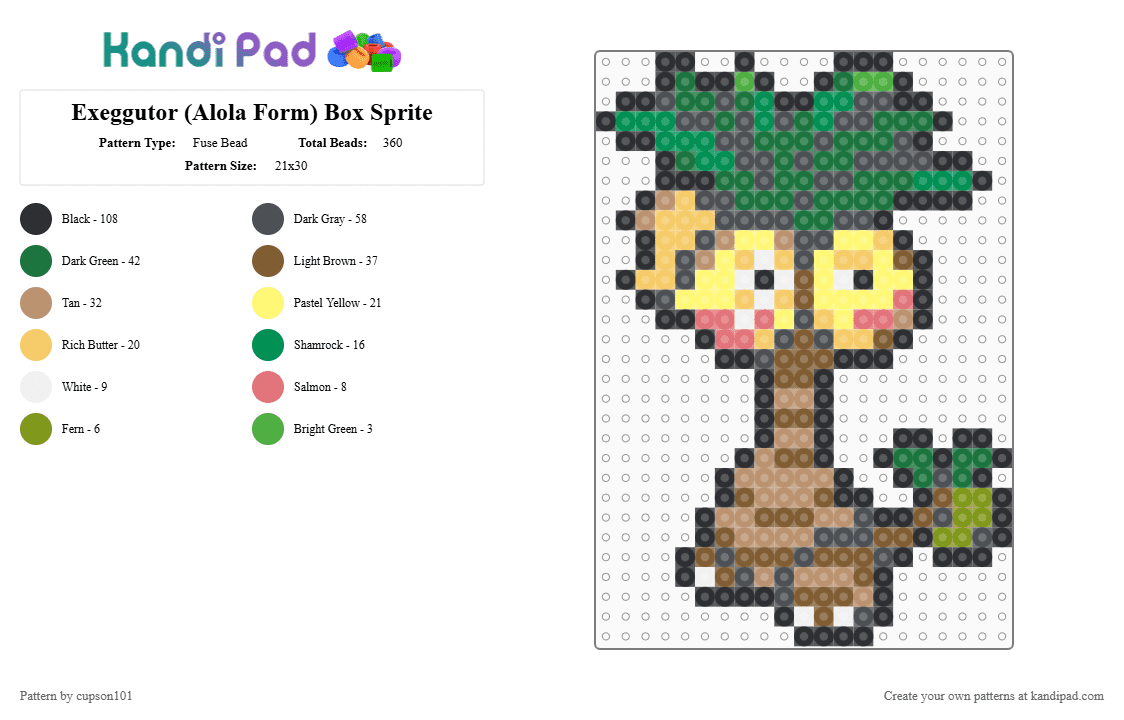 Exeggutor (Alola Form) Box Sprite - Fuse Bead Pattern by cupson101 on Kandi Pad - beige, colorful, gray, green