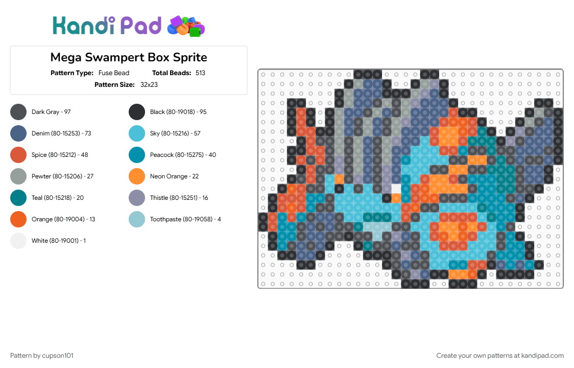 Mega Swampert Box Sprite - Fuse Bead Pattern by cupson101 on Kandi Pad - blue, gray