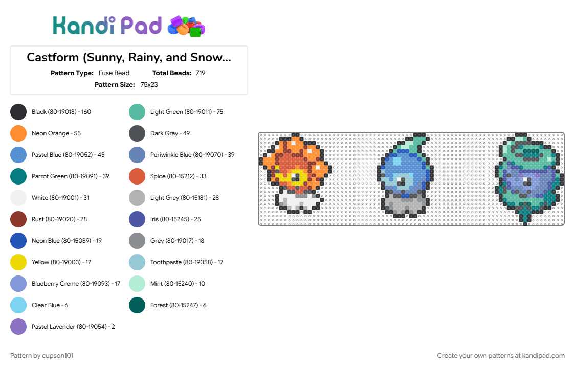 Castform (Sunny, Rainy, and Snowy Forme) Box Sprites - Fuse Bead Pattern by cupson101 on Kandi Pad - blue, colorful, light blue, red