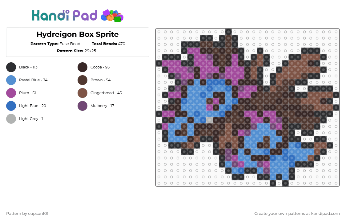 Hydreigon Box Sprite - Fuse Bead Pattern by cupson101 on Kandi Pad - pink,brown,light blue