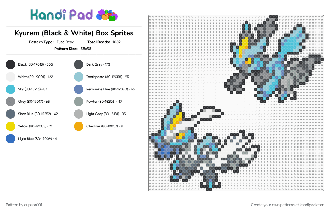 Kyurem (Black & White) Box Sprites - Fuse Bead Pattern by cupson101 on Kandi Pad - gray, light blue
