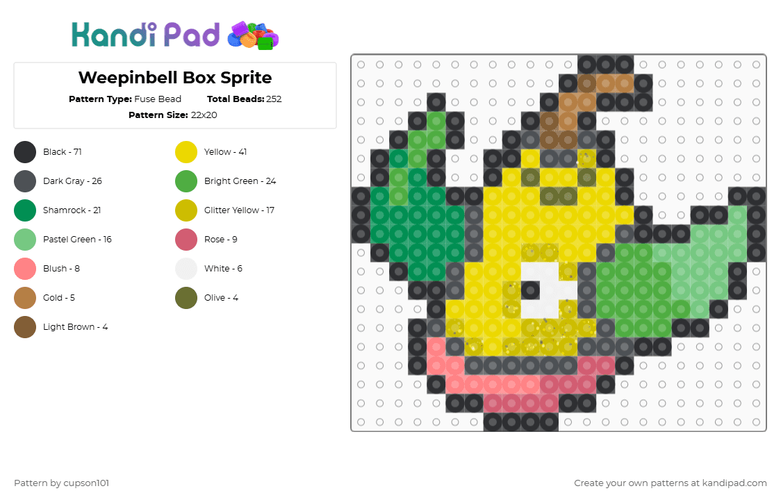 Weepinbell Box Sprite - Fuse Bead Pattern by cupson101 on Kandi Pad - weepinbell,pokemon,gray,yellow,green