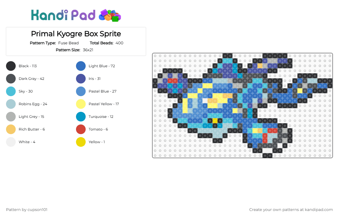 Primal Kyogre Box Sprite - Fuse Bead Pattern by cupson101 on Kandi Pad - blue, gray, light blue
