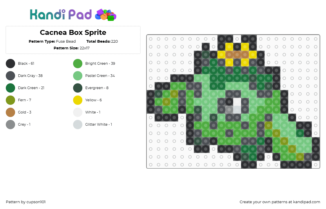 Cacnea Box Sprite - Fuse Bead Pattern by cupson101 on Kandi Pad - gray,green,teal