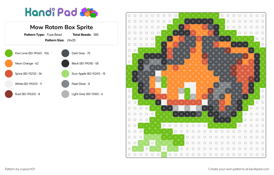 Mow Rotom Box Sprite - Fuse Bead Pattern by cupson101 on Kandi Pad - gray, green, orange