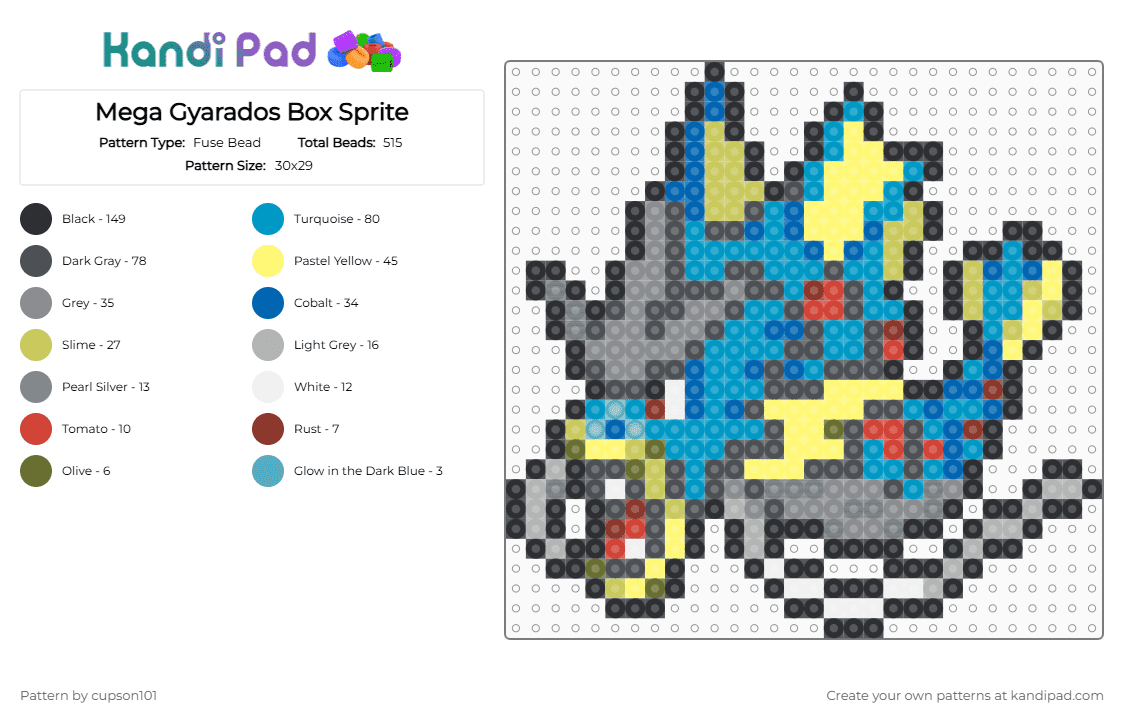 Mega Gyarados Box Sprite - Fuse Bead Pattern by cupson101 on Kandi Pad - gray,yellow,light blue