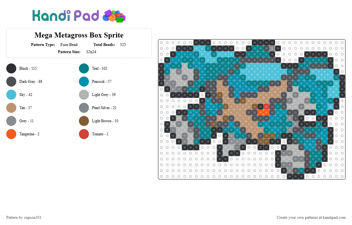 Mega Metagross Box Sprite - Fuse Bead Pattern by cupson101 on Kandi Pad - beige, gray, teal