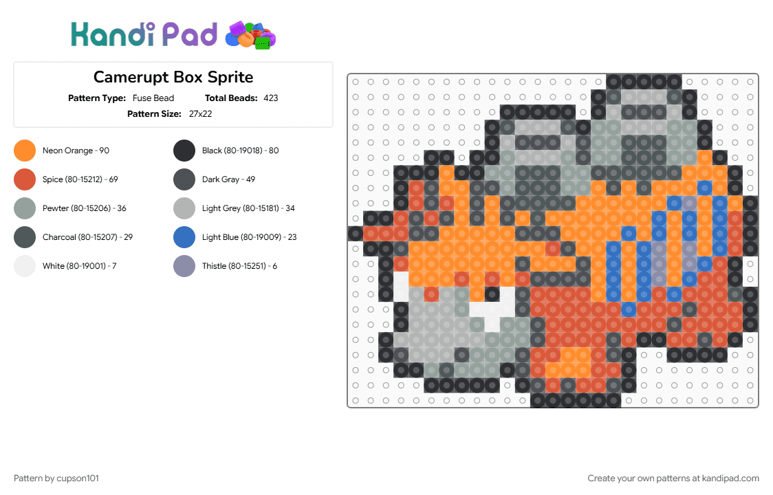 Camerupt Box Sprite - Fuse Bead Pattern by cupson101 on Kandi Pad - gray, orange, red