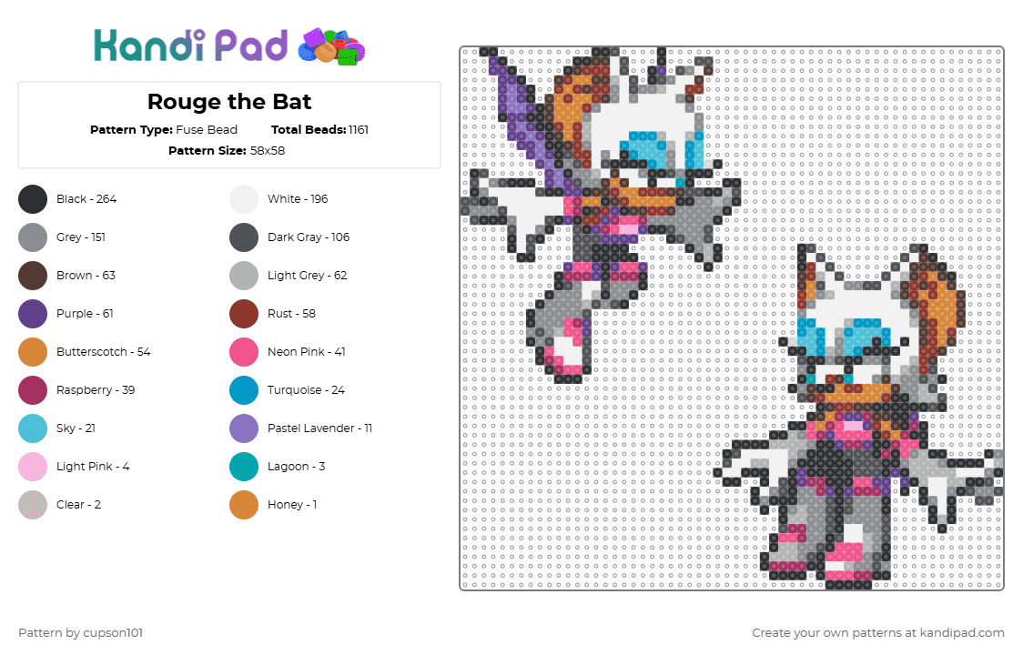 Rouge the Bat - Fuse Bead Pattern by cupson101 on Kandi Pad - rouge,sonic the hedgehog,character,gaming,video game,gray,purple,beige,colorful