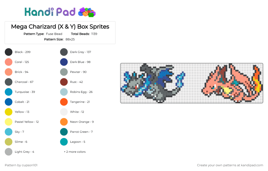 Mega Charizard (X & Y) Box Sprites - Fuse Bead Pattern by cupson101 on Kandi Pad - gray,blue,light blue,orange
