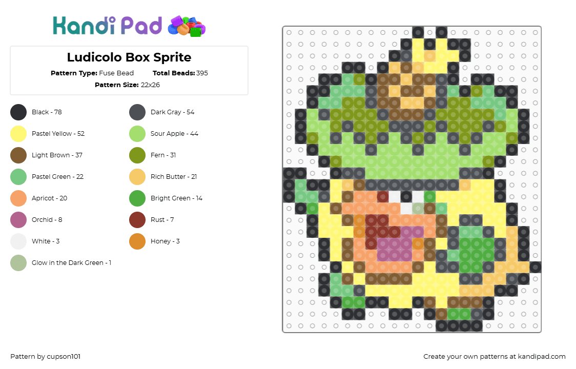 Ludicolo Box Sprite - Fuse Bead Pattern by cupson101 on Kandi Pad - gray,green,yellow,tan,colorful