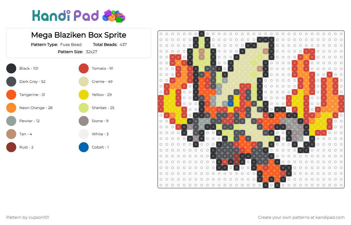 Mega Blaziken Box Sprite - Fuse Bead Pattern by cupson101 on Kandi Pad - gray, orange, red, yellow