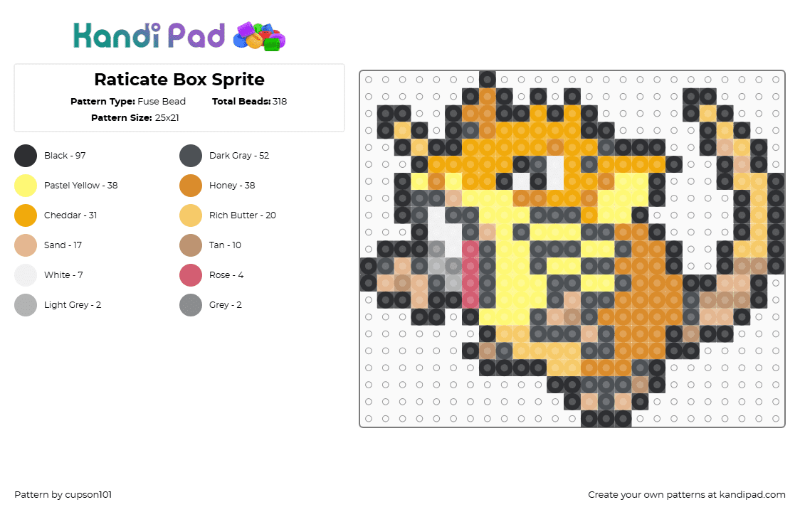 Raticate Box Sprite - Fuse Bead Pattern by cupson101 on Kandi Pad - gray,yellow,orange