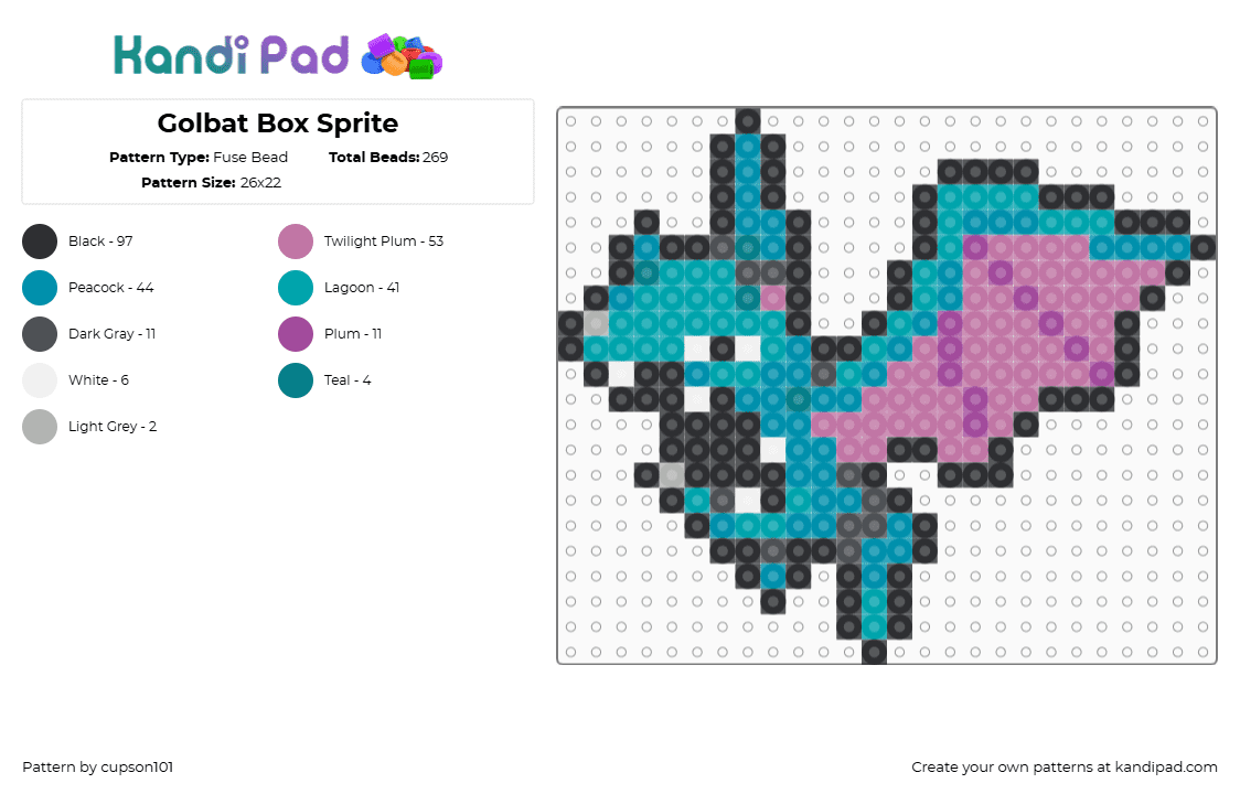 Golbat Box Sprite - Fuse Bead Pattern by cupson101 on Kandi Pad - teal,pink