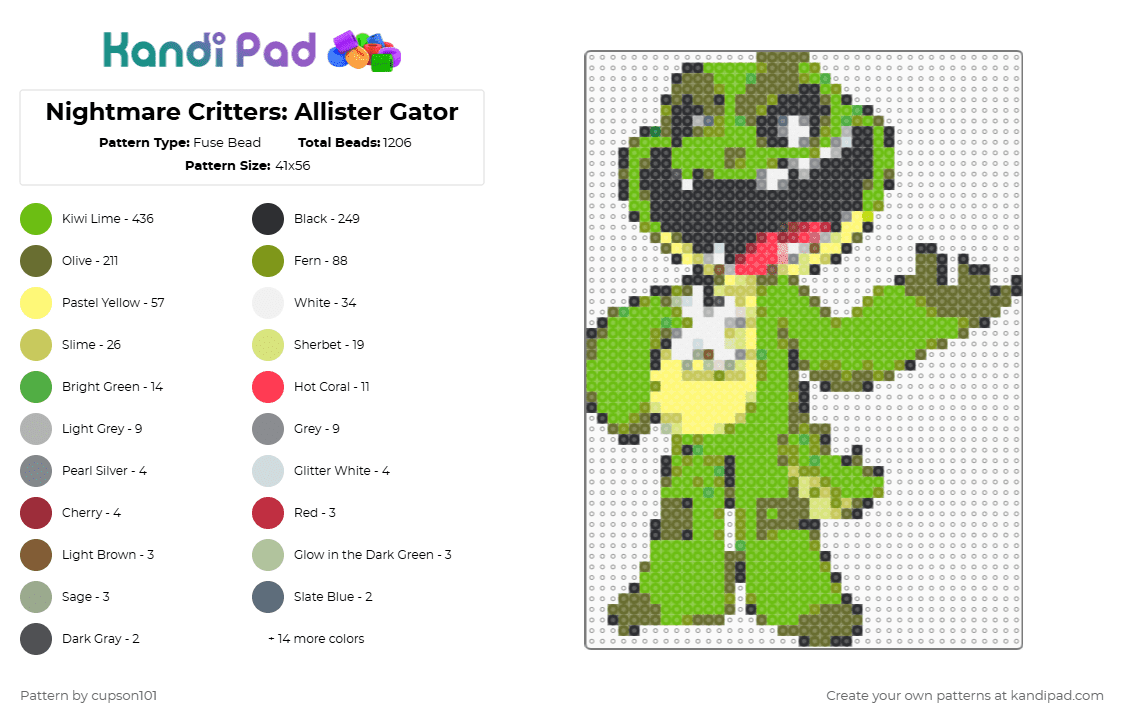 Nightmare Critters: Allister Gator - Fuse Bead Pattern by cupson101 on Kandi Pad - gold,green
