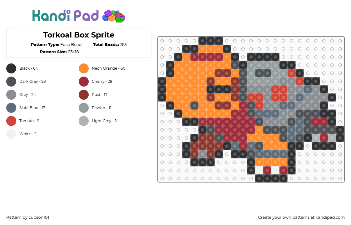 Torkoal Box Sprite - Fuse Bead Pattern by cupson101 on Kandi Pad - gray,red,orange