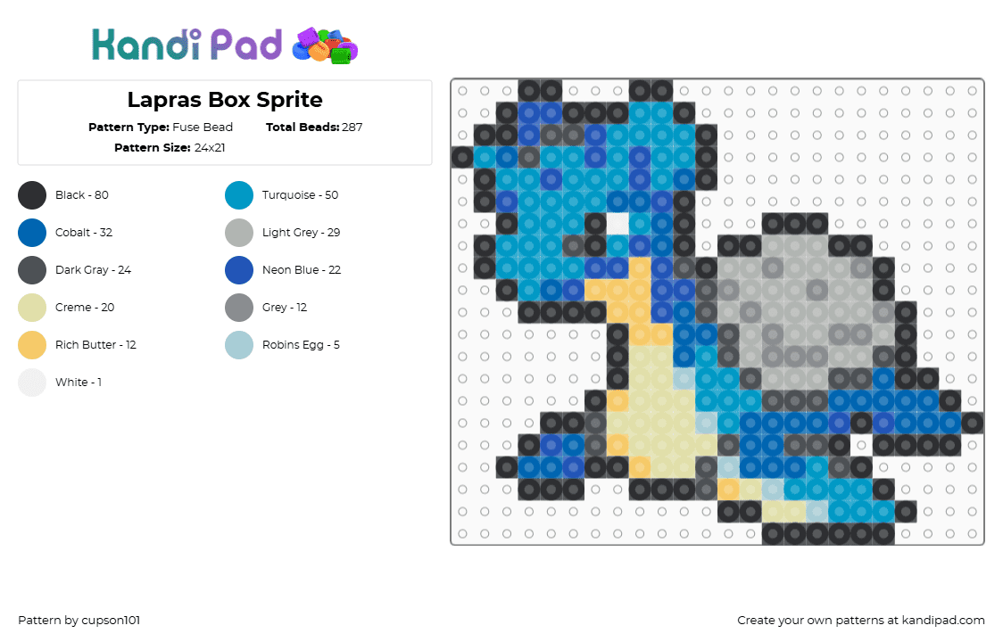 Lapras Box Sprite - Fuse Bead Pattern by cupson101 on Kandi Pad - lapras,pokemon,character,gaming,blue,gray