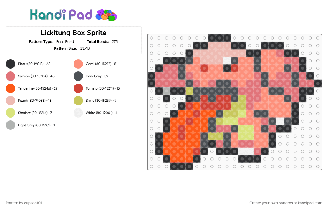 Lickitung Box Sprite - Fuse Bead Pattern by cupson101 on Kandi Pad - gray, lickitung, orange, pokemon, red