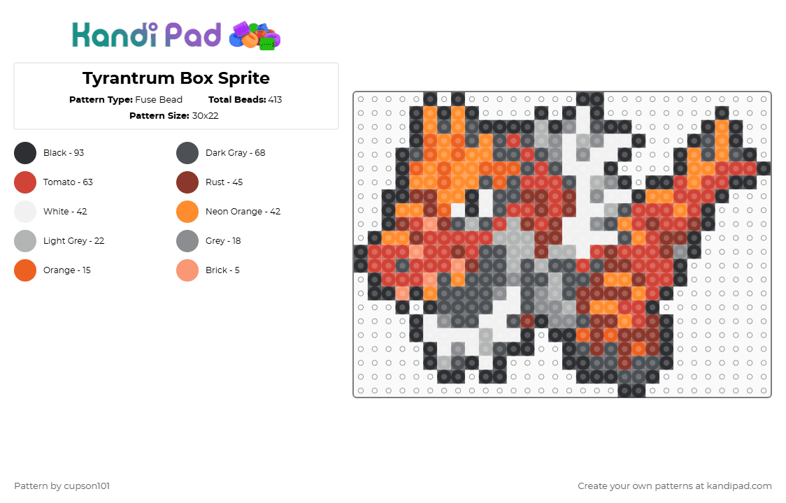 Tyrantrum Box Sprite - Fuse Bead Pattern by cupson101 on Kandi Pad - gray,red,pokemon,fossil,kalos,gen6