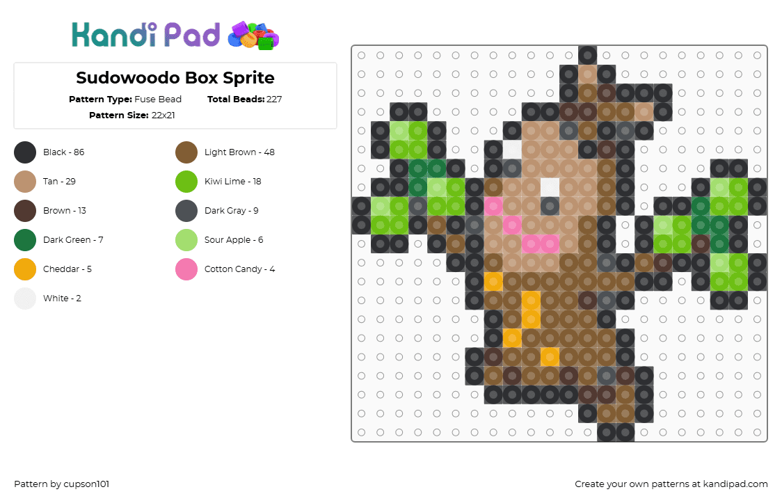 Sudowoodo Box Sprite - Fuse Bead Pattern by cupson101 on Kandi Pad - green,beige,tan