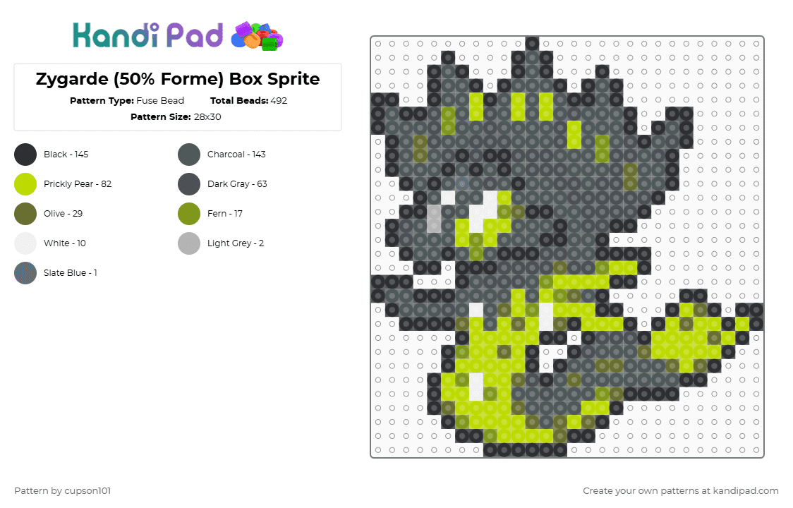 Zygarde (50% Forme) Box Sprite - Fuse Bead Pattern by cupson101 on Kandi Pad - gray,green,pink