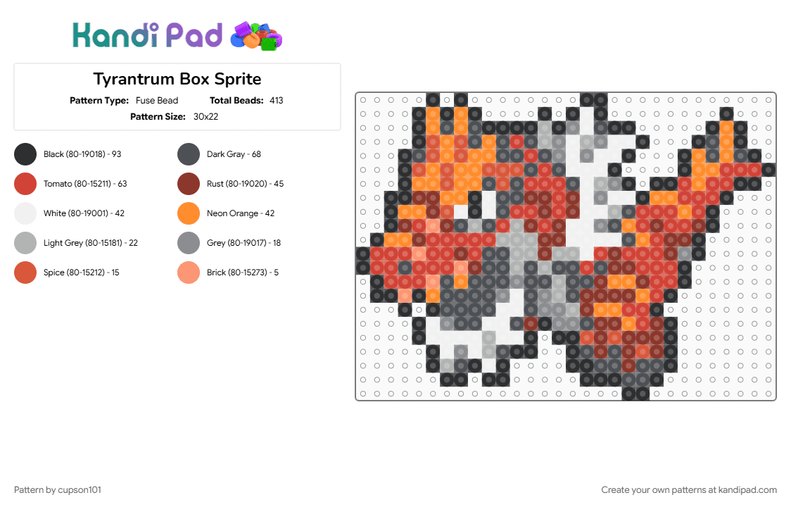 Tyrantrum Box Sprite - Fuse Bead Pattern by cupson101 on Kandi Pad - fossil, gen6, gray, kalos, pokemon, red