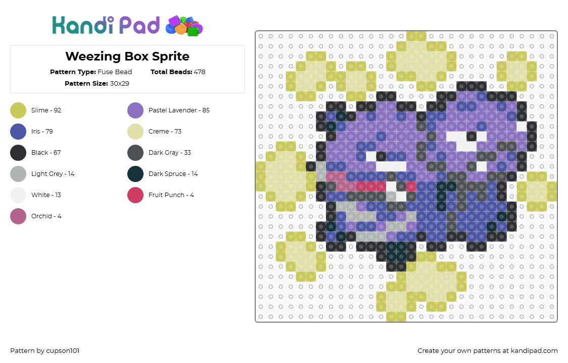 Weezing Box Sprite - Fuse Bead Pattern by cupson101 on Kandi Pad - green,yellow,purple,blue