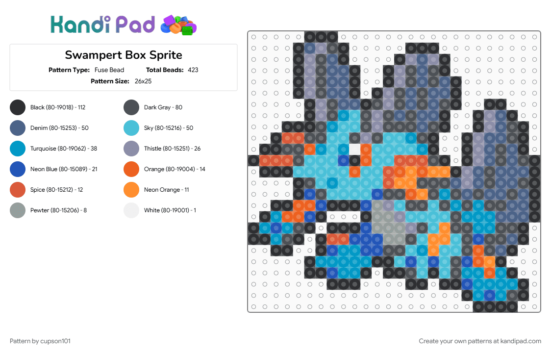 Swampert Box Sprite - Fuse Bead Pattern by cupson101 on Kandi Pad - blue, gray, light blue