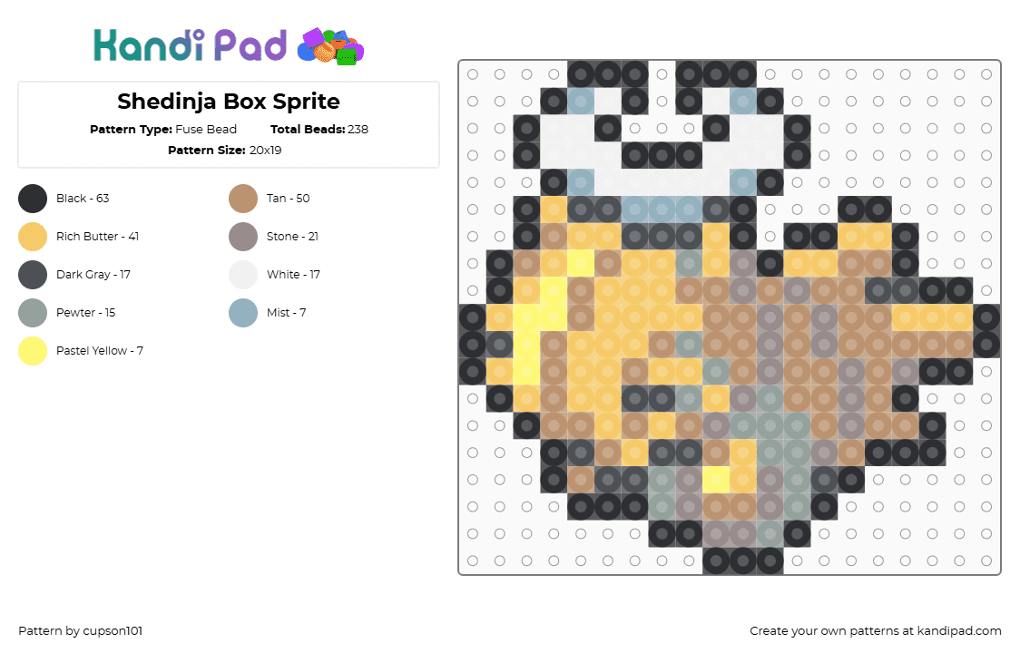 Shedinja Box Sprite - Fuse Bead Pattern by cupson101 on Kandi Pad - gray,yellow,beige