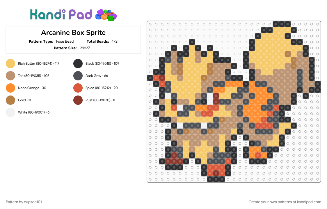Arcanine Box Sprite - Fuse Bead Pattern by cupson101 on Kandi Pad - beige, gray, yellow