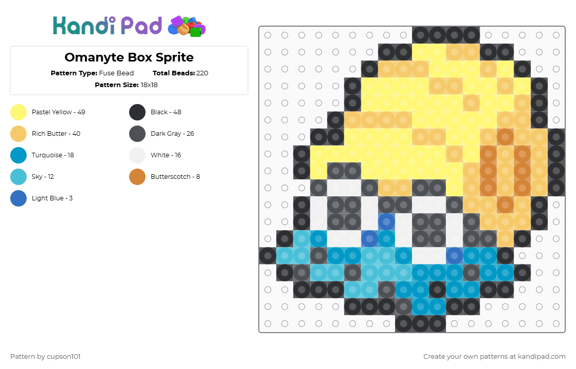 Omanyte Box Sprite - Fuse Bead Pattern by cupson101 on Kandi Pad - omanyte,pokemon,light blue,yellow